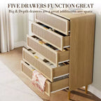 Rattan 5 Drawer Dresser for Bedroom, Chest of Drawers with Deep Drawers, Large Double Dresser for Closet with Wide Top, Tall Wooden Dresser