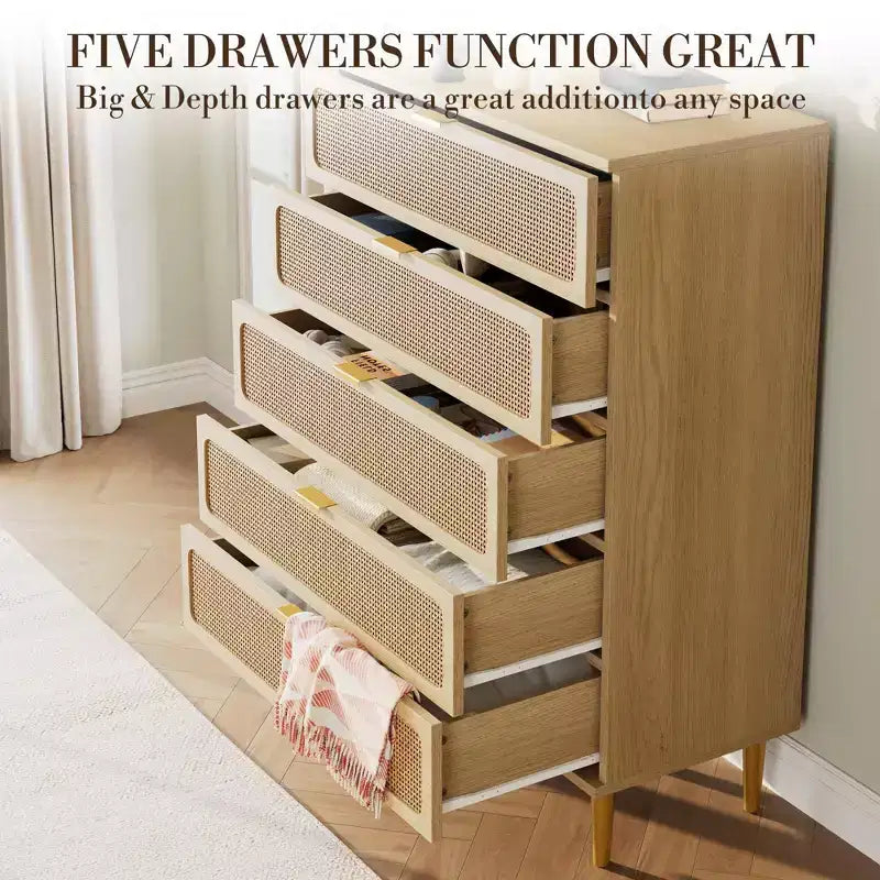 Rattan 5 Drawer Dresser for Bedroom, Chest of Drawers with Deep Drawers, Large Double Dresser for Closet with Wide Top, Tall Wooden Dresser