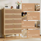 Rattan 5 Drawer Dresser for Bedroom, Chest of Drawers with Deep Drawers, Large Double Dresser for Closet with Wide Top, Tall Wooden Dresser