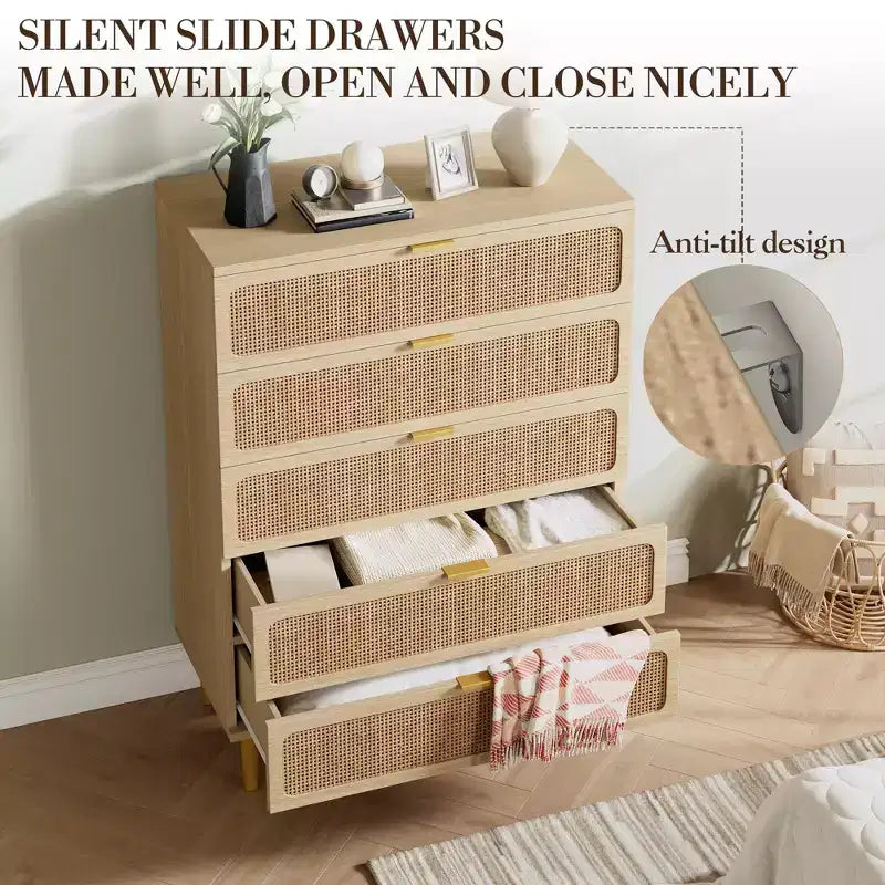 Rattan 5 Drawer Dresser for Bedroom, Chest of Drawers with Deep Drawers, Large Double Dresser for Closet with Wide Top, Tall Wooden Dresser