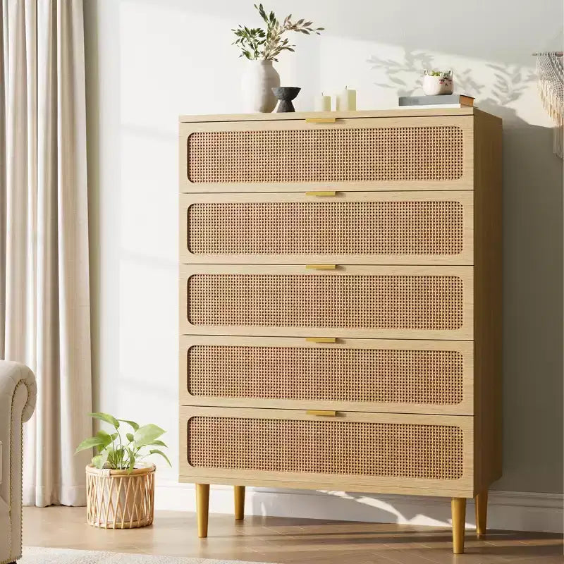 Rattan 5 Drawer Dresser for Bedroom, Chest of Drawers with Deep Drawers, Large Double Dresser for Closet with Wide Top, Tall Wooden Dresser