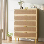 Rattan 5 Drawer Dresser for Bedroom, Chest of Drawers with Deep Drawers, Large Double Dresser for Closet with Wide Top, Tall Wooden Dresser