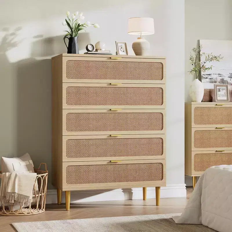 Rattan 5 Drawer Dresser for Bedroom, Chest of Drawers with Deep Drawers, Large Double Dresser for Closet with Wide Top, Tall Wooden Dresser