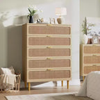 Rattan 5 Drawer Dresser for Bedroom, Chest of Drawers with Deep Drawers, Large Double Dresser for Closet with Wide Top, Tall Wooden Dresser