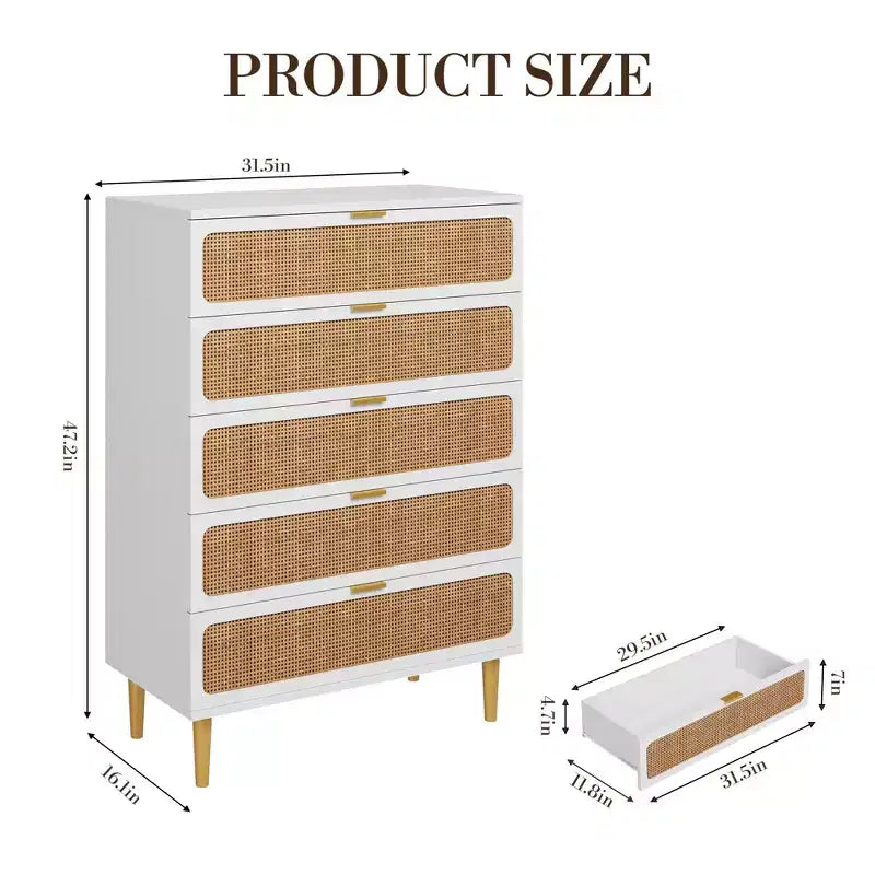 Rattan 5 Drawer Dresser for Bedroom, Chest of Drawers with Deep Drawers, Large Double Dresser for Closet with Wide Top, Tall Wooden Dresser