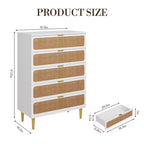 Rattan 5 Drawer Dresser for Bedroom, Chest of Drawers with Deep Drawers, Large Double Dresser for Closet with Wide Top, Tall Wooden Dresser