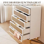 Rattan 5 Drawer Dresser for Bedroom, Chest of Drawers with Deep Drawers, Large Double Dresser for Closet with Wide Top, Tall Wooden Dresser