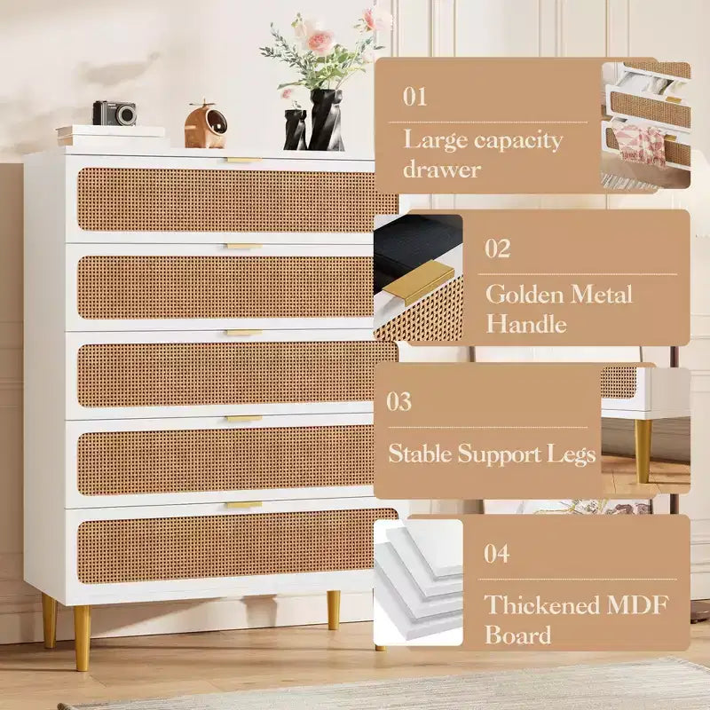 Rattan 5 Drawer Dresser for Bedroom, Chest of Drawers with Deep Drawers, Large Double Dresser for Closet with Wide Top, Tall Wooden Dresser
