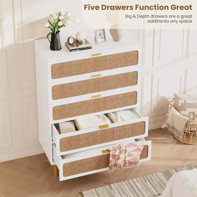 Rattan 5 Drawer Dresser for Bedroom, Chest of Drawers with Deep Drawers, Large Double Dresser for Closet with Wide Top, Tall Wooden Dresser