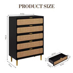 Rattan 5 Drawer Dresser for Bedroom, Chest of Drawers with Deep Drawers, Large Double Dresser for Closet with Wide Top, Tall Wooden Dresser