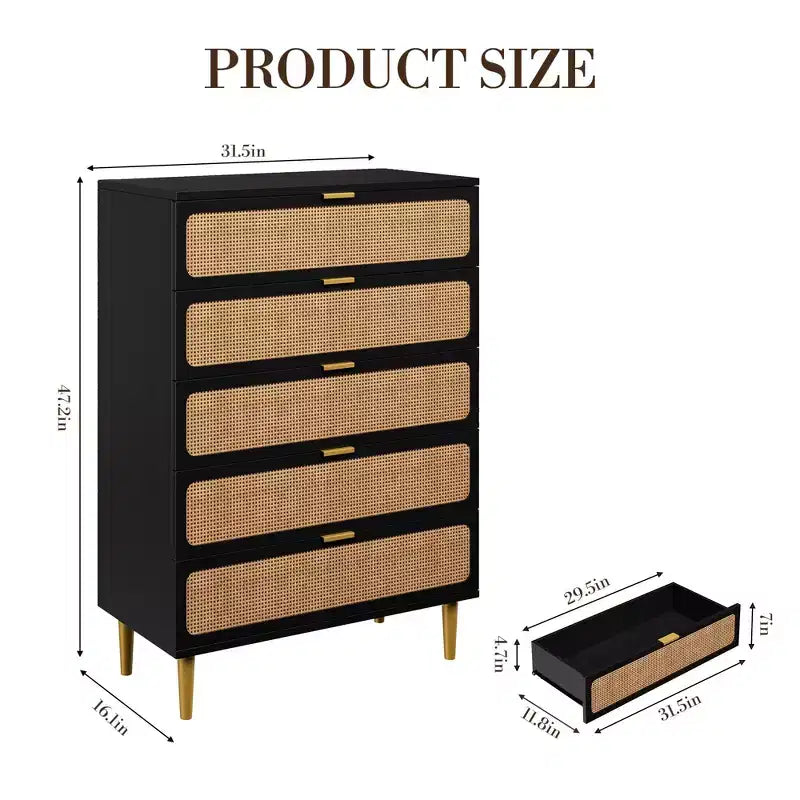 Rattan 5 Drawer Dresser for Bedroom, Chest of Drawers with Deep Drawers, Large Double Dresser for Closet with Wide Top, Tall Wooden Dresser