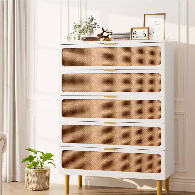Rattan 5 Drawer Dresser for Bedroom, Chest of Drawers with Deep Drawers, Large Double Dresser for Closet with Wide Top, Tall Wooden Dresser