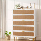 Rattan 5 Drawer Dresser for Bedroom, Chest of Drawers with Deep Drawers, Large Double Dresser for Closet with Wide Top, Tall Wooden Dresser