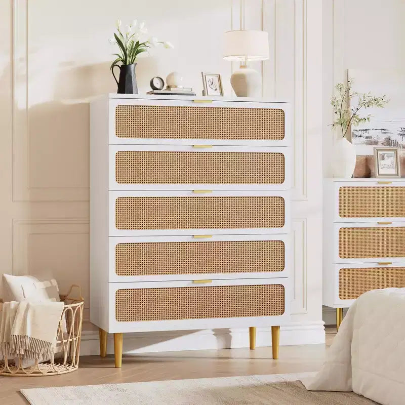 Rattan 5 Drawer Dresser for Bedroom, Chest of Drawers with Deep Drawers, Large Double Dresser for Closet with Wide Top, Tall Wooden Dresser