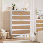 Rattan 5 Drawer Dresser for Bedroom, Chest of Drawers with Deep Drawers, Large Double Dresser for Closet with Wide Top, Tall Wooden Dresser