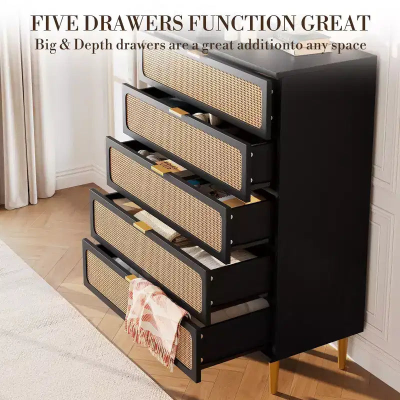 Rattan 5 Drawer Dresser for Bedroom, Chest of Drawers with Deep Drawers, Large Double Dresser for Closet with Wide Top, Tall Wooden Dresser