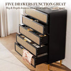 Rattan 5 Drawer Dresser for Bedroom, Chest of Drawers with Deep Drawers, Large Double Dresser for Closet with Wide Top, Tall Wooden Dresser