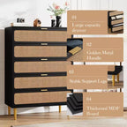 Rattan 5 Drawer Dresser for Bedroom, Chest of Drawers with Deep Drawers, Large Double Dresser for Closet with Wide Top, Tall Wooden Dresser