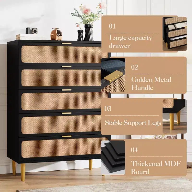 Rattan 5 Drawer Dresser for Bedroom, Chest of Drawers with Deep Drawers, Large Double Dresser for Closet with Wide Top, Tall Wooden Dresser
