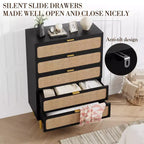 Rattan 5 Drawer Dresser for Bedroom, Chest of Drawers with Deep Drawers, Large Double Dresser for Closet with Wide Top, Tall Wooden Dresser
