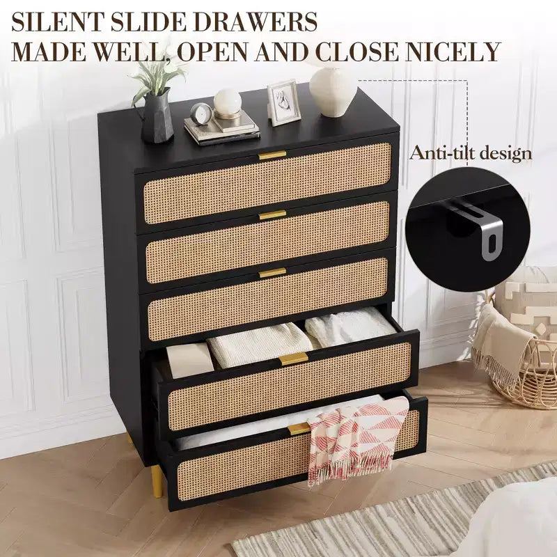 Rattan 5 Drawer Dresser for Bedroom, Chest of Drawers with Deep Drawers, Large Double Dresser for Closet with Wide Top, Tall Wooden Dresser
