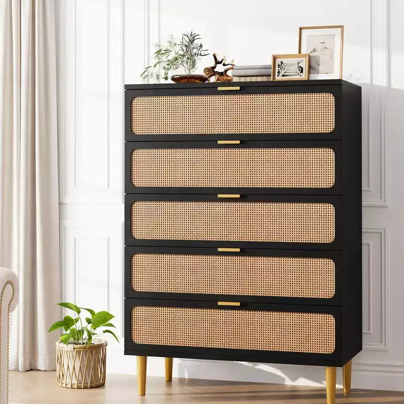 Rattan 5 Drawer Dresser for Bedroom, Chest of Drawers with Deep Drawers, Large Double Dresser for Closet with Wide Top, Tall Wooden Dresser