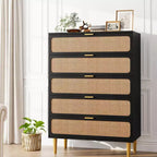 Rattan 5 Drawer Dresser for Bedroom, Chest of Drawers with Deep Drawers, Large Double Dresser for Closet with Wide Top, Tall Wooden Dresser