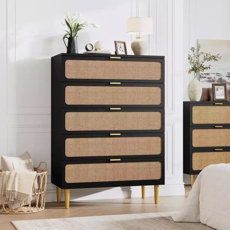 Rattan 5 Drawer Dresser for Bedroom, Chest of Drawers with Deep Drawers, Large Double Dresser for Closet with Wide Top, Tall Wooden Dresser