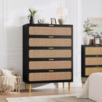 Rattan 5 Drawer Dresser for Bedroom, Chest of Drawers with Deep Drawers, Large Double Dresser for Closet with Wide Top, Tall Wooden Dresser