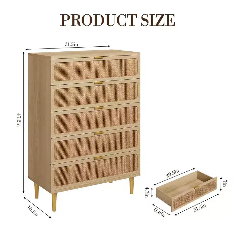 Rattan 5 Drawer Dresser for Bedroom, Chest of Drawers with Deep Drawers, Large Double Dresser for Closet with Wide Top, Tall Wooden Dresser