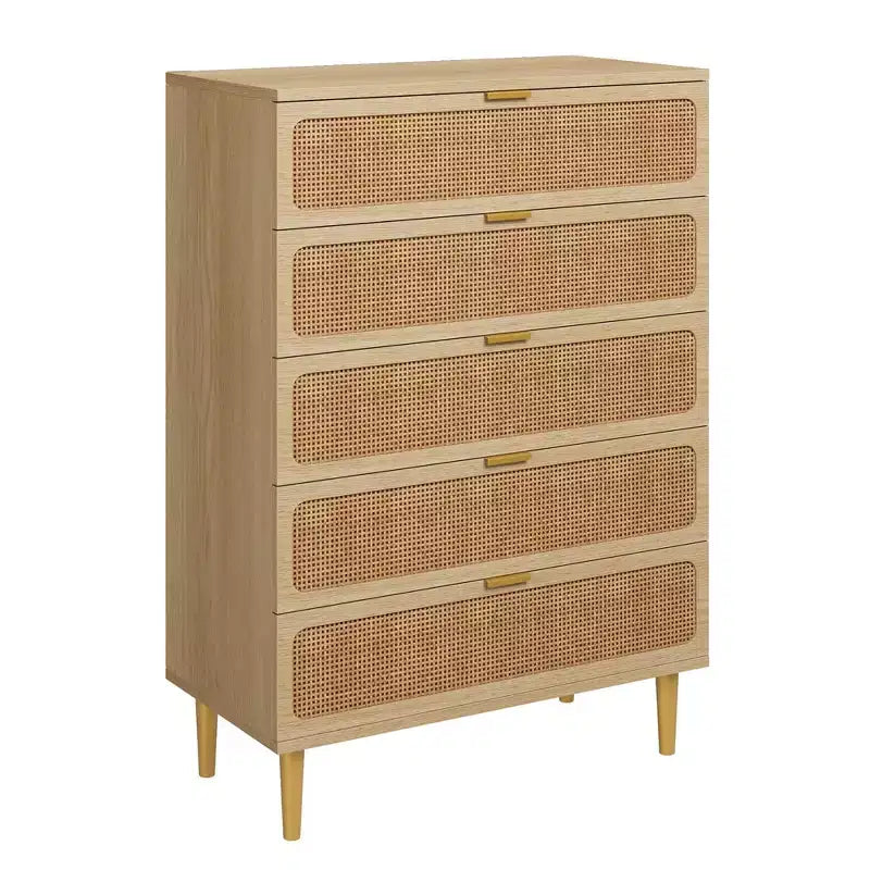 Rattan 5 Drawer Dresser for Bedroom, Chest of Drawers with Deep Drawers, Large Double Dresser for Closet with Wide Top, Tall Wooden Dresser