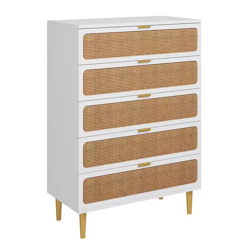 Rattan 5 Drawer Dresser for Bedroom, Chest of Drawers with Deep Drawers, Large Double Dresser for Closet with Wide Top, Tall Wooden Dresser