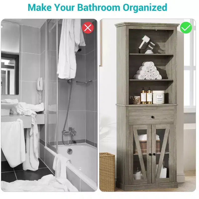 Tall Storage Cabinet,Bookcase with Adjustable Shelves, Farmhouse Cabinet for Living Room, Bathroom, Grey