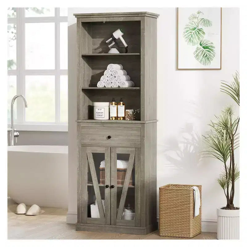 Tall Storage Cabinet,Bookcase with Adjustable Shelves, Farmhouse Cabinet for Living Room, Bathroom, Grey