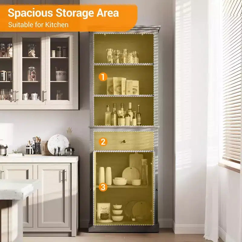 Tall Storage Cabinet,Bookcase with Adjustable Shelves, Farmhouse Cabinet for Living Room, Bathroom, Grey