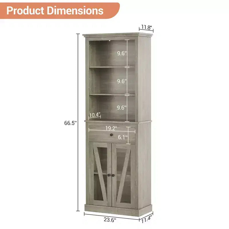 Tall Storage Cabinet,Bookcase with Adjustable Shelves, Farmhouse Cabinet for Living Room, Bathroom, Grey