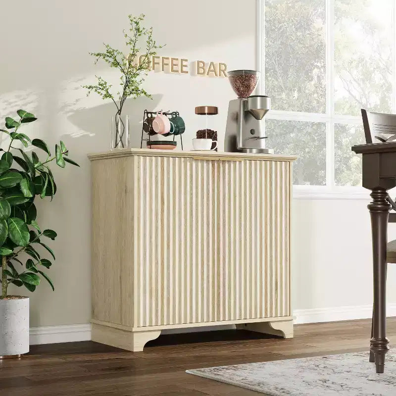 Fluted Sideboard Buffet Cabinet with Storage, 2 Door Kitchen Storage Cabinet, Coffee Bar Buffet Cabinetry with Adjustable Shelves