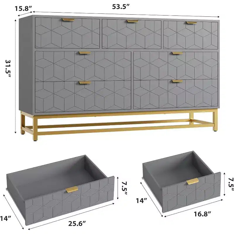 53.5 Dresser for Bedroom,Modern 7 Drawer Triple Dresser with Gold Accents,Long Storage Organizer for TV Stand & Closet,Large Chest of Drawers