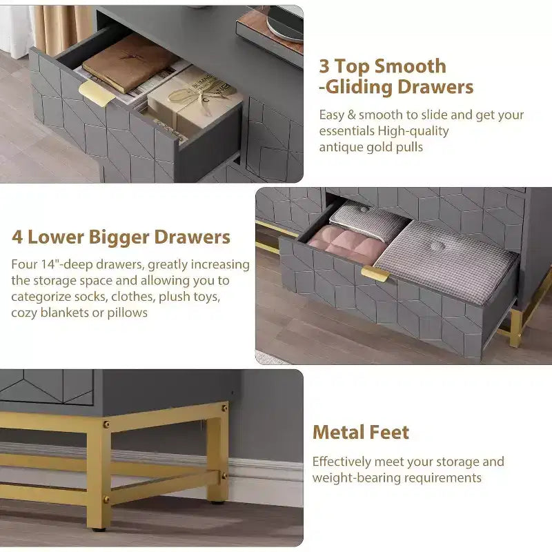 53.5 Dresser for Bedroom,Modern 7 Drawer Triple Dresser with Gold Accents,Long Storage Organizer for TV Stand & Closet,Large Chest of Drawers