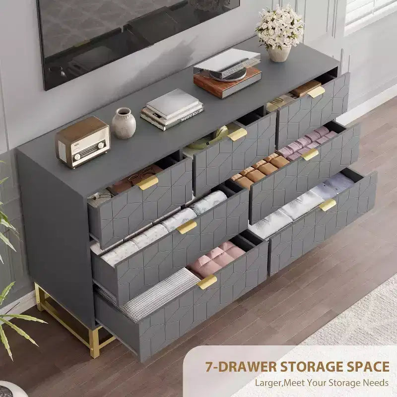 53.5 Dresser for Bedroom,Modern 7 Drawer Triple Dresser with Gold Accents,Long Storage Organizer for TV Stand & Closet,Large Chest of Drawers