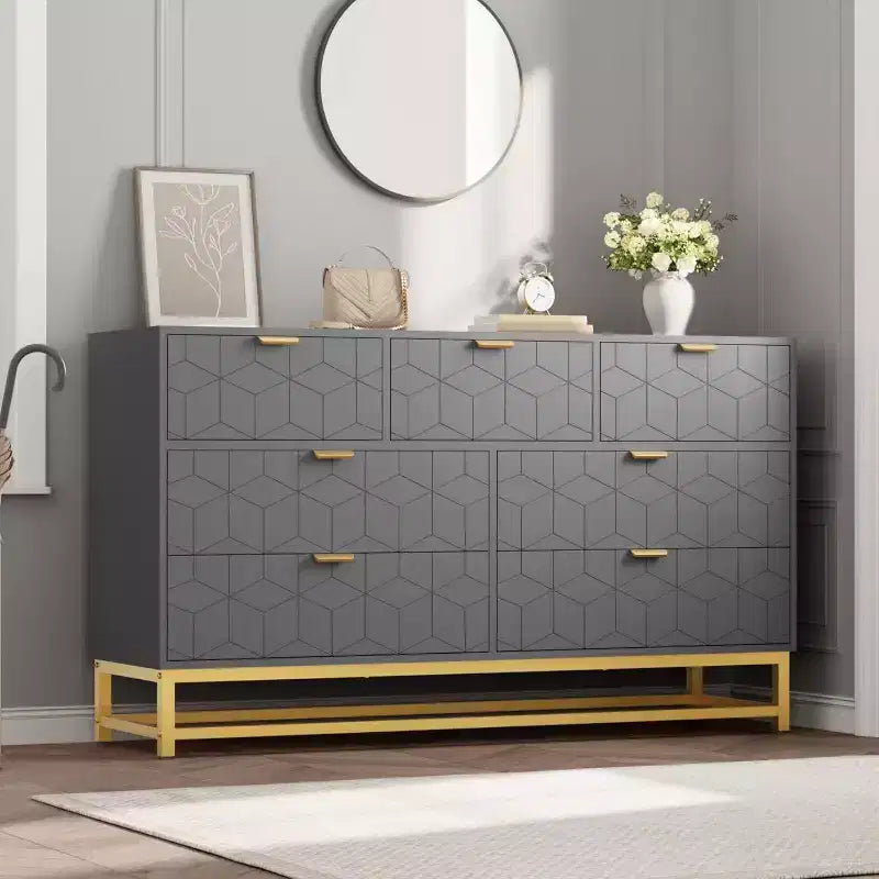 53.5 Dresser for Bedroom,Modern 7 Drawer Triple Dresser with Gold Accents,Long Storage Organizer for TV Stand & Closet,Large Chest of Drawers