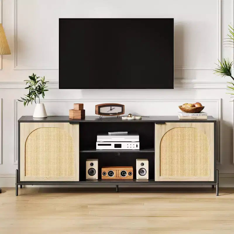 Rattan TV Stand for TV up to 75 Inches, Mid Century Modern TV Console Table with 2 Cabinets and 2 Open Compartments for Bedroom Black