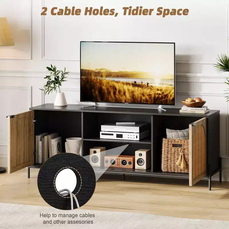 Rattan TV Stand for TV up to 75 Inches, Mid Century Modern TV Console Table with 2 Cabinets and 2 Open Compartments for Bedroom Black