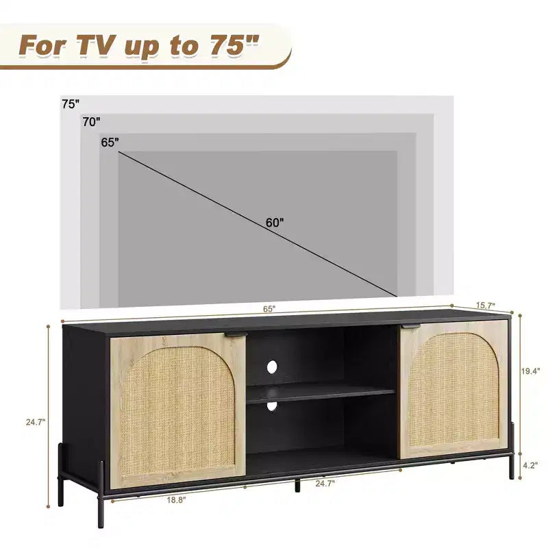 Rattan TV Stand for TV up to 75 Inches, Mid Century Modern TV Console Table with 2 Cabinets and 2 Open Compartments for Bedroom Black