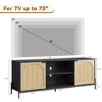 Rattan TV Stand for TV up to 75 Inches, Mid Century Modern TV Console Table with 2 Cabinets and 2 Open Compartments for Bedroom Black