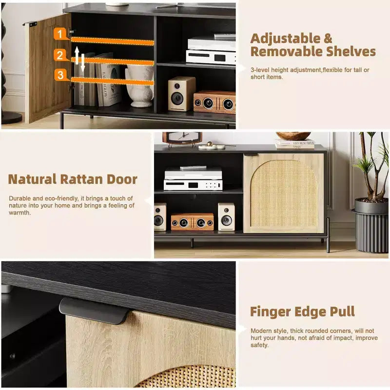 Rattan TV Stand for TV up to 75 Inches, Mid Century Modern TV Console Table with 2 Cabinets and 2 Open Compartments for Bedroom Black