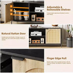 Rattan TV Stand for TV up to 75 Inches, Mid Century Modern TV Console Table with 2 Cabinets and 2 Open Compartments for Bedroom Black