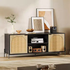 Rattan TV Stand for TV up to 75 Inches, Mid Century Modern TV Console Table with 2 Cabinets and 2 Open Compartments for Bedroom Black