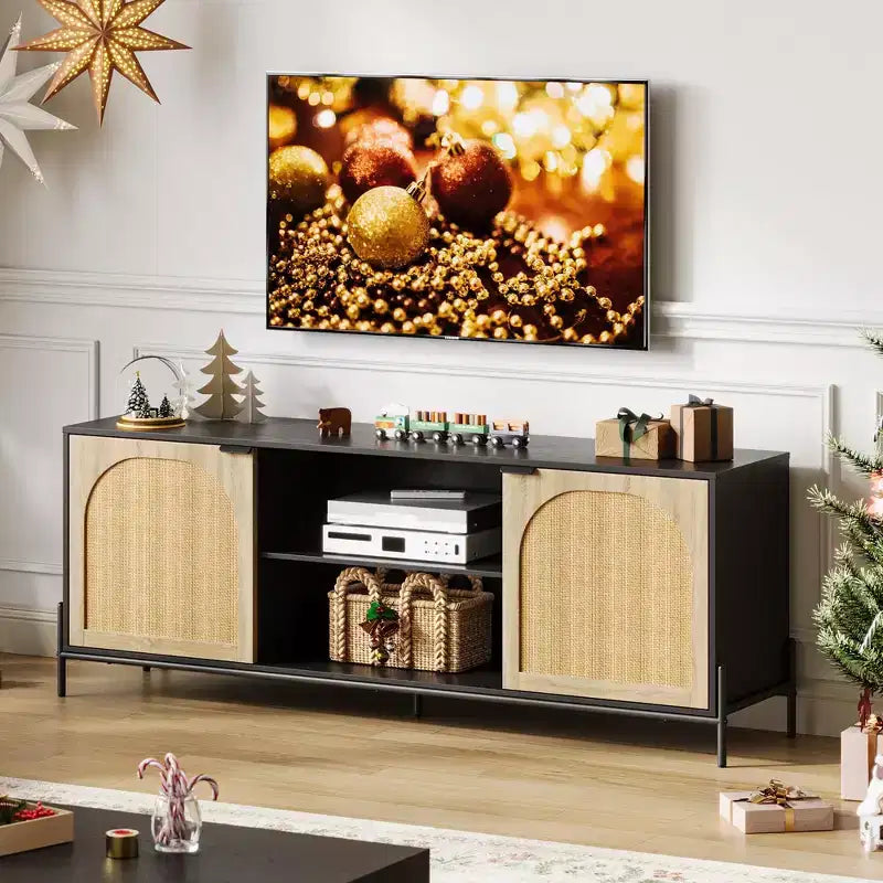 Rattan TV Stand for TV up to 75 Inches, Mid Century Modern TV Console Table with 2 Cabinets and 2 Open Compartments for Bedroom Black