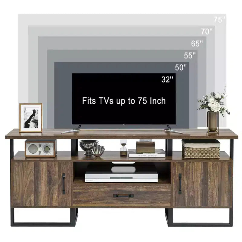 TROPOW Mid Century Modern TV Stand - 75 Inch Entertainment Center with Storage & Drawer, Industrial Console for Living Room, Rustic Brown